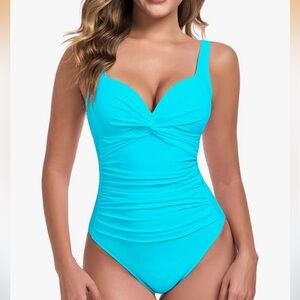 NWT Colloyes Women's Twist Front One Piece Swimsuits Ruched Bathing Suits L